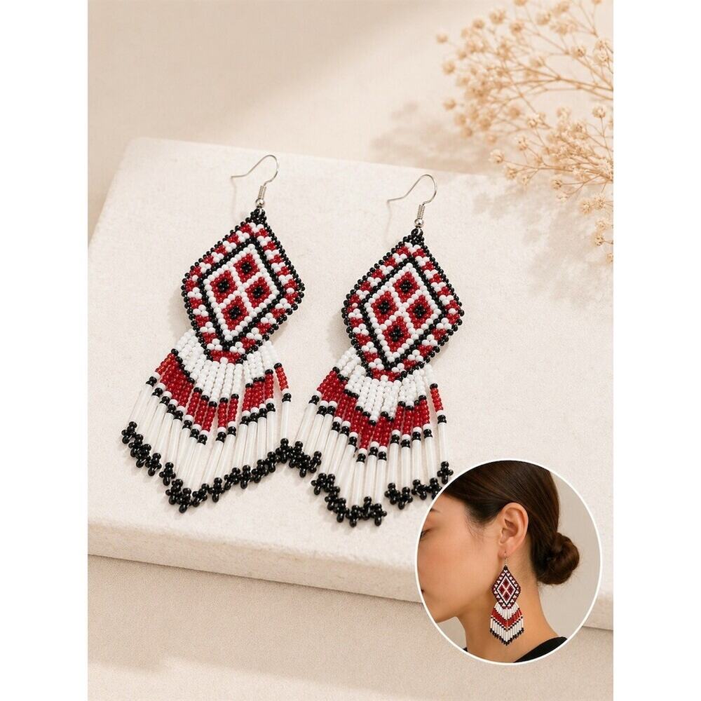Handmade Beaded Fringe Dangle cute Earrings Womens Red White Black Diamond Boho